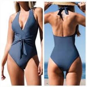 Women's V Neck One Piece Navy Swimsuit Monokini NWT Size M